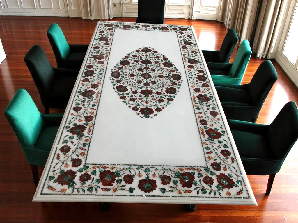 Artisan-crafted Marble Dining Table Natural Beauty of Semi Precious Gemstones